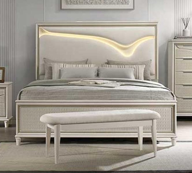 Casa Blanca Hudson Macchiato light brown Wood Finish Fabric Headboard LED Lighting Queen Bedroom Set – Hudson-4PC
