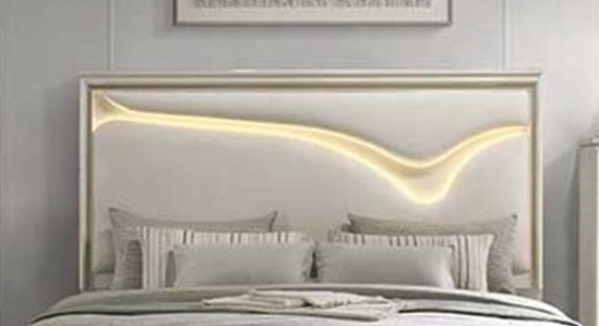 Casa Blanca Hudson Macchiato light brown Wood Finish Fabric Headboard LED Lighting Queen Bedroom Set – Hudson-4PC