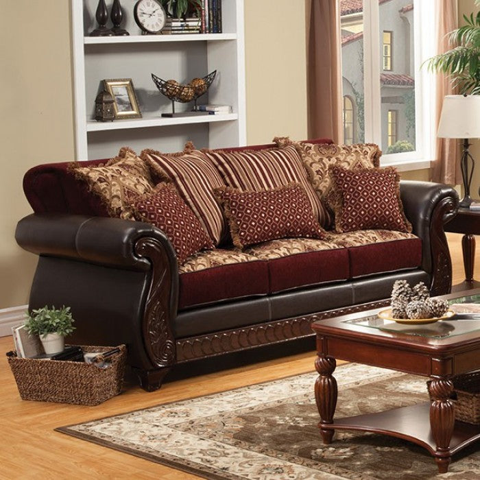 SM6107N 2 pc Franklin burgundy leatherette dark cherry wood trim traditional sofa and love seat set