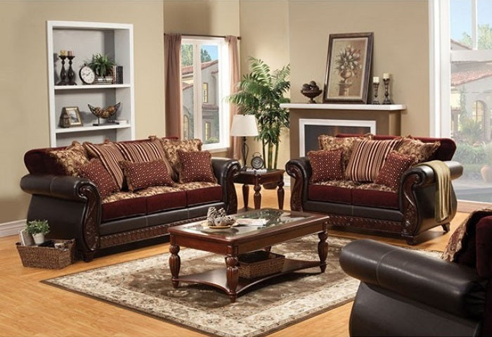 SM6107N 2 pc Franklin burgundy leatherette dark cherry wood trim traditional sofa and love seat set