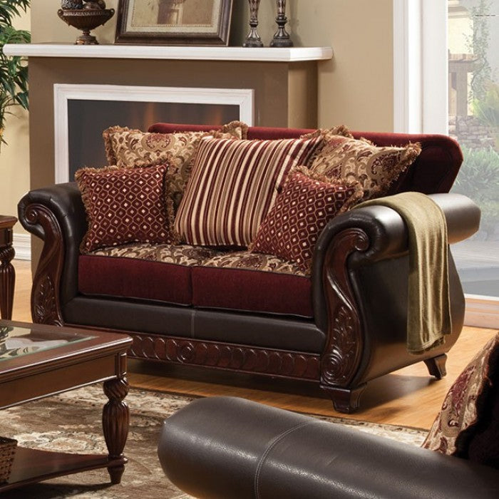 SM6107N 2 pc Franklin burgundy leatherette dark cherry wood trim traditional sofa and love seat set