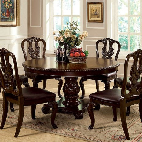 CM3319RT-L-7PC 7 pc bellagio brown cherry finish wood 60" round dining table set faux leather chairs