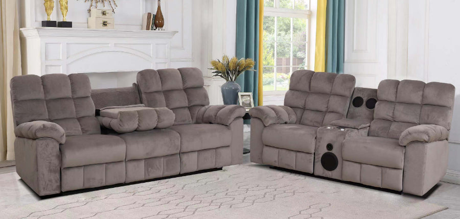 JAVA-GREY-2PC 2 pc Java grey champion fabric power motion sofa drop down tray table and love seat with speaker console