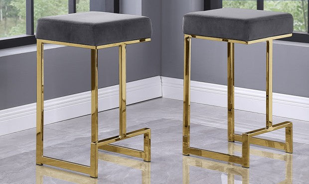 Best master JL014-GRY-FBR Set of 2 Jakob grey velvet fabric counter height bar stools gold frame mid-century modern