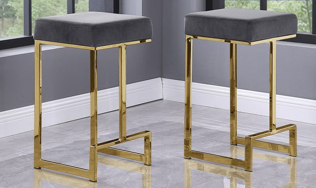Best master JL014-GRY-LTR Set of 2 Jakob grey faux leather fabric counter height bar stools gold frame mid-century modern