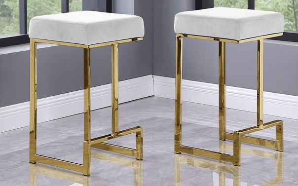 Best master JL014-WHT-FBR Set of 2 Jakob white velvet fabric counter height bar stools gold frame mid-century modern