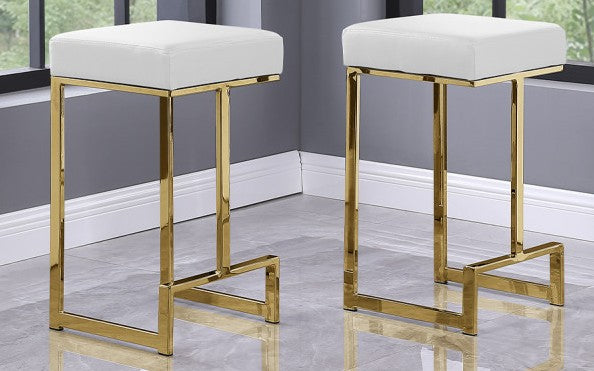 Best master JL014-WHT-LTR Set of 2 Jakob white faux leather fabric counter height bar stools gold frame mid-century modern