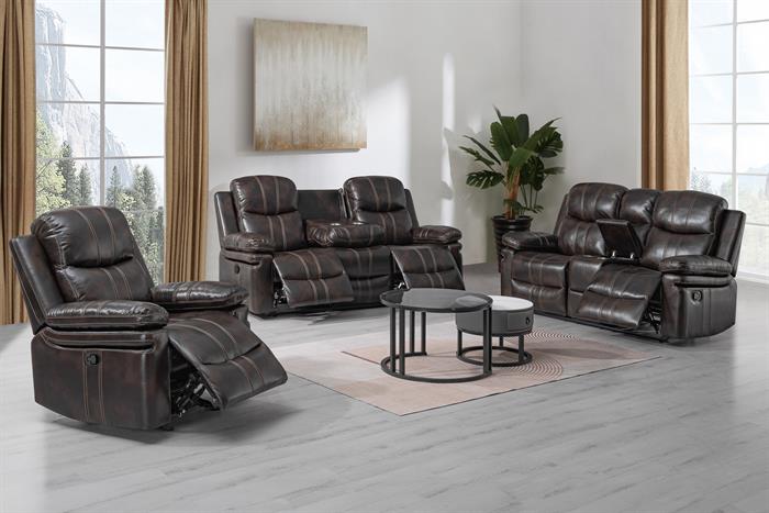 Kellen-SL 2 pc Kellen brown faux leather sofa and love seat with recliner ends storage cup console storage arm on loveseat drop down tray table back on sofa
