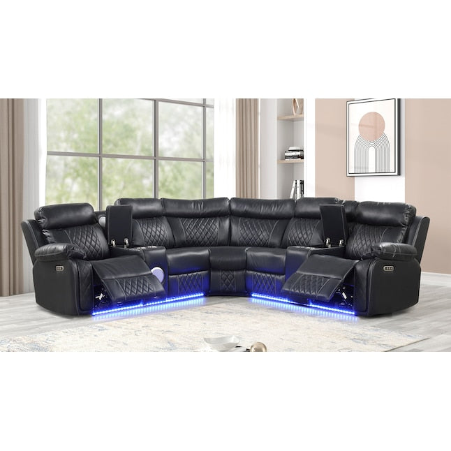 3 pc Lacrosse black faux leather power motion sectional sofa with LED , USB charging, cup holders Bluetooth speakers