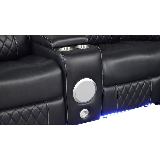 3 pc Lacrosse black faux leather power motion sectional sofa with LED , USB charging, cup holders Bluetooth speakers
