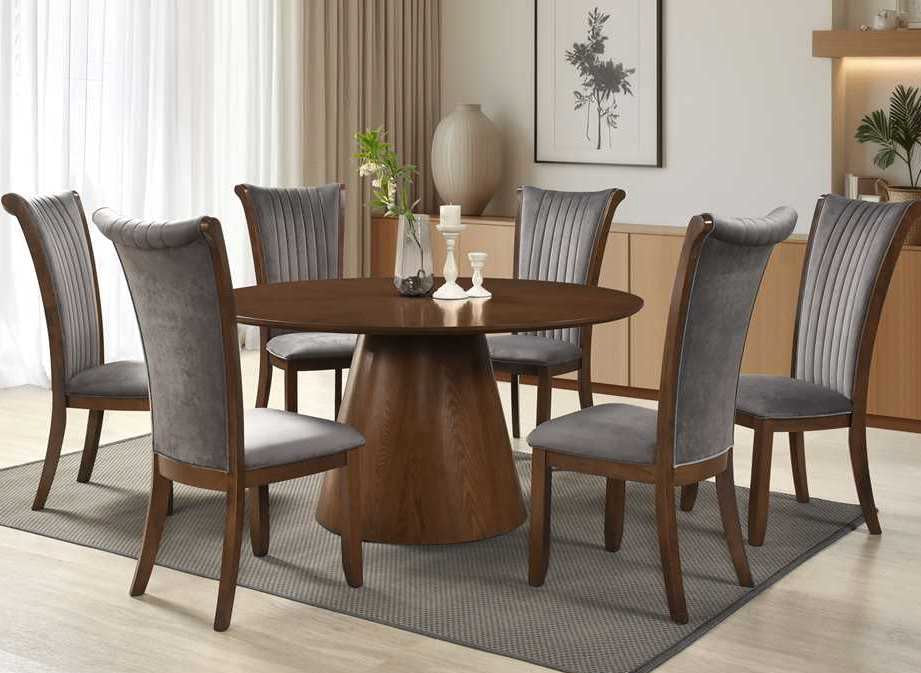 Legacy-7PC 7 pc Legacy walnut finish wood 60" round pedestal dining table set