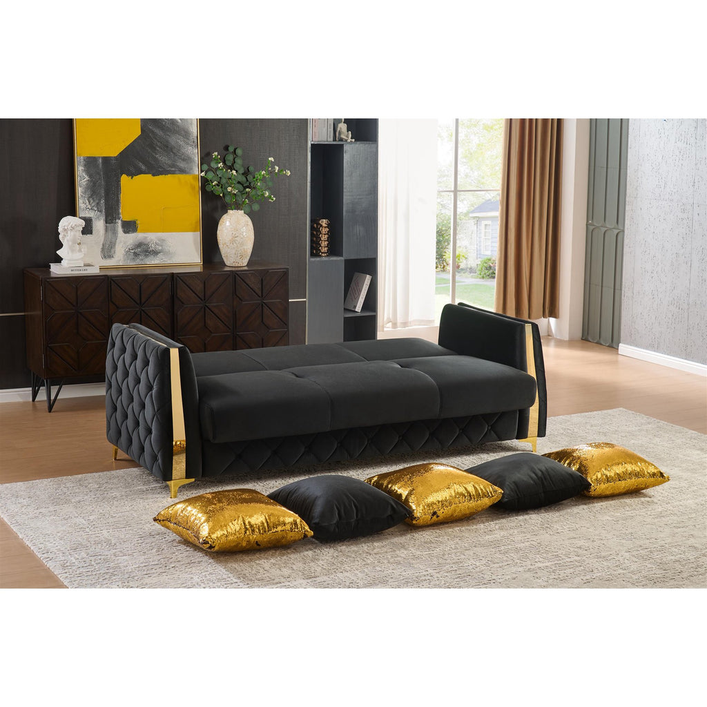 2 pc Lippa black fabric upholstered tufted arms gold trim accents sofa and love seat set with sleeper and storage