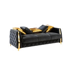 2 pc Lippa black fabric upholstered tufted arms gold trim accents sofa and love seat set with sleeper and storage