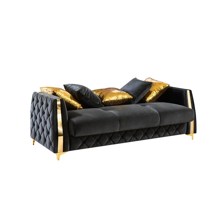 2 pc Lippa black fabric upholstered tufted arms gold trim accents sofa and love seat set with sleeper and storage