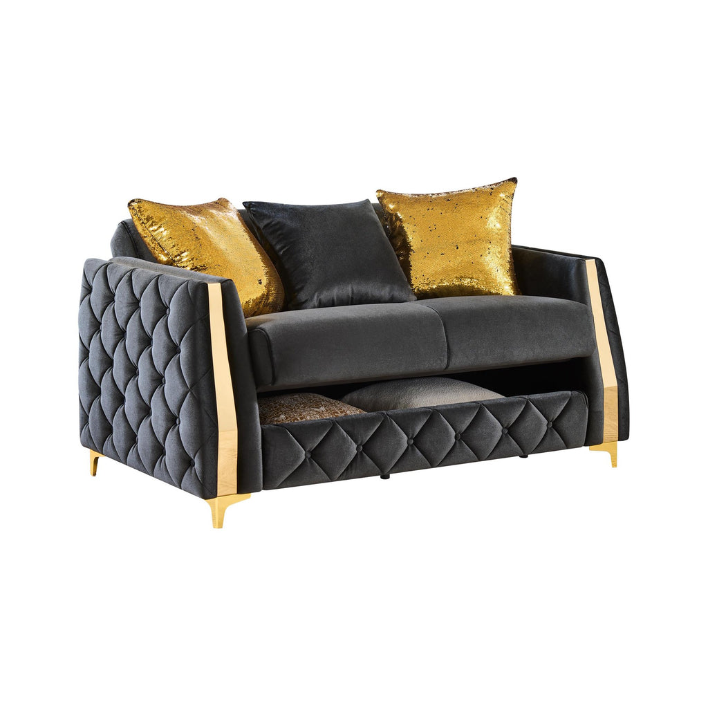 2 pc Lippa black fabric upholstered tufted arms gold trim accents sofa and love seat set with sleeper and storage