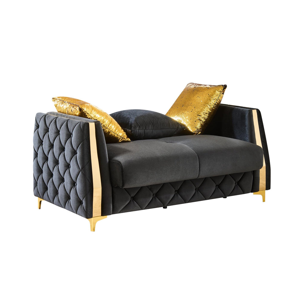 2 pc Lippa black fabric upholstered tufted arms gold trim accents sofa and love seat set with sleeper and storage
