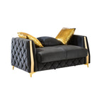 2 pc Lippa black fabric upholstered tufted arms gold trim accents sofa and love seat set with sleeper and storage