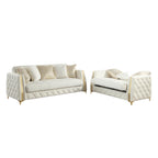 2 pc Lippa Off White fabric upholstered tufted arms gold trim accents sofa and love seat set with sleeper and storage