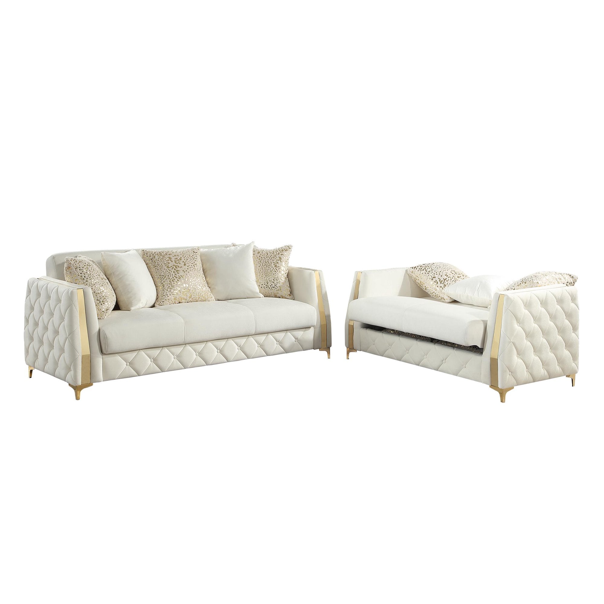 2 pc Lippa Off White fabric upholstered tufted arms gold trim accents sofa and love seat set with sleeper and storage