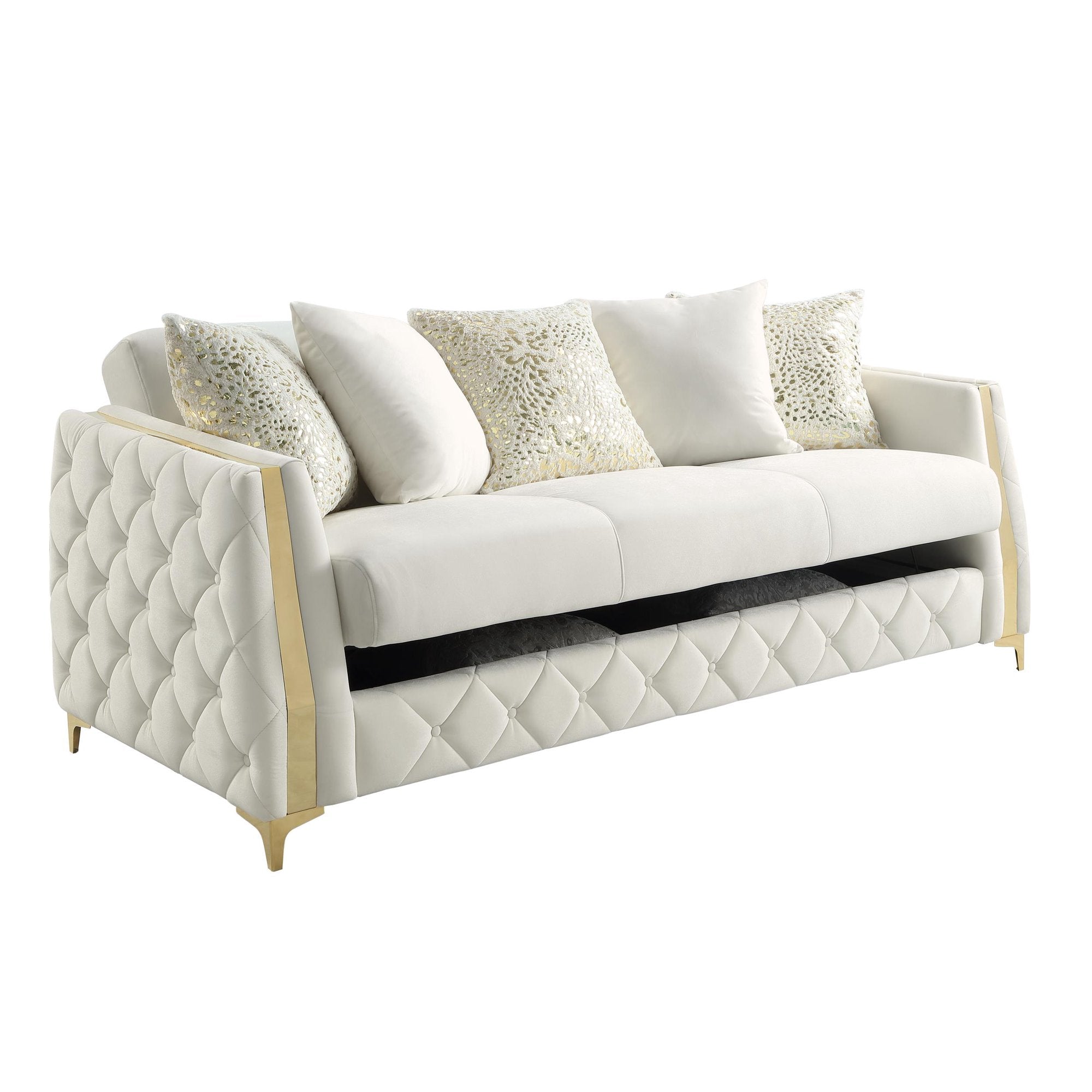 2 pc Lippa Off White fabric upholstered tufted arms gold trim accents sofa and love seat set with sleeper and storage