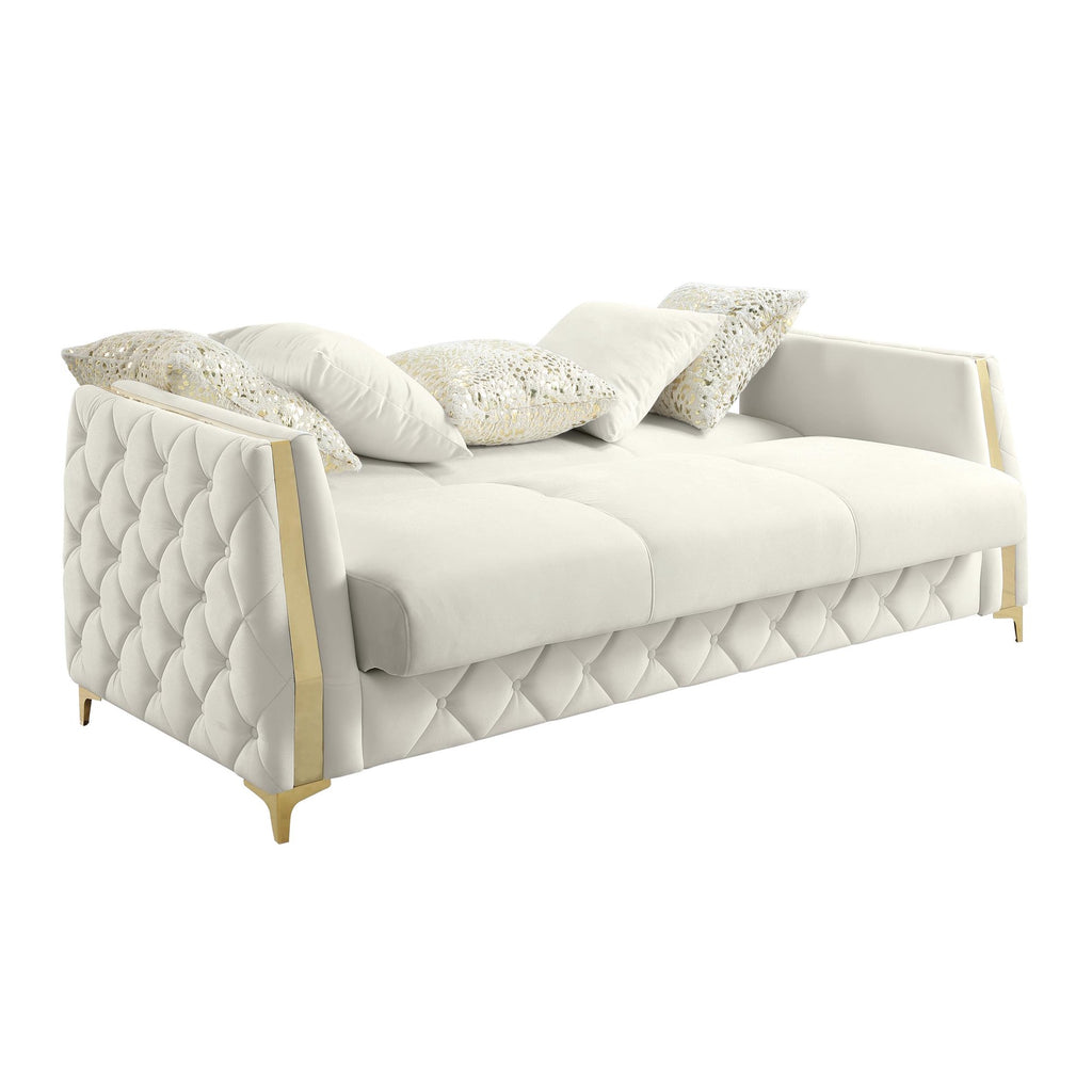2 pc Lippa Off White fabric upholstered tufted arms gold trim accents sofa and love seat set with sleeper and storage