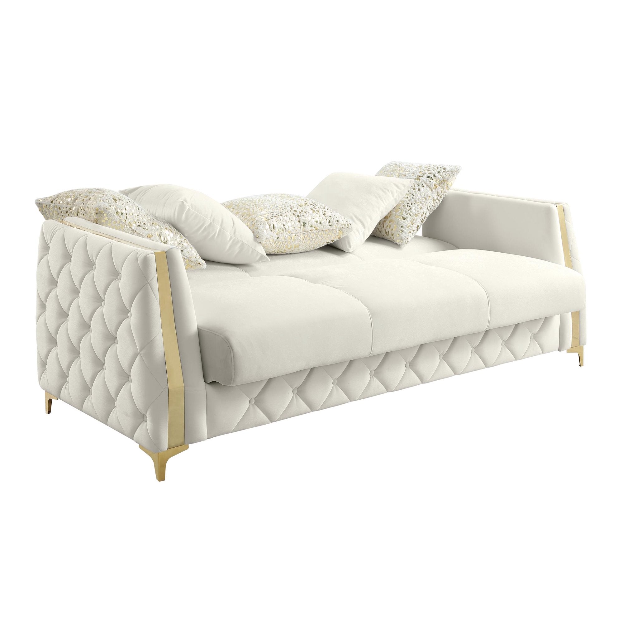 2 pc Lippa Off White fabric upholstered tufted arms gold trim accents sofa and love seat set with sleeper and storage