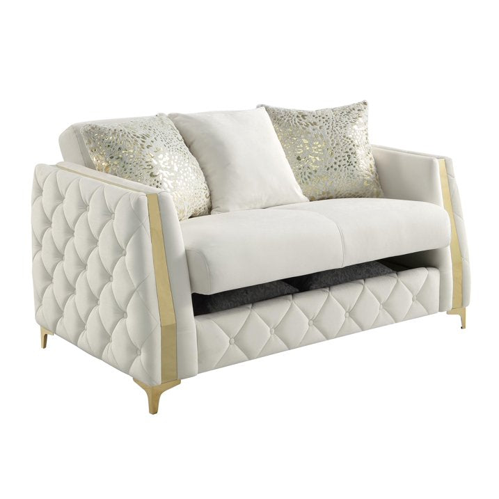 2 pc Lippa Off White fabric upholstered tufted arms gold trim accents sofa and love seat set with sleeper and storage