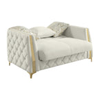 2 pc Lippa Off White fabric upholstered tufted arms gold trim accents sofa and love seat set with sleeper and storage