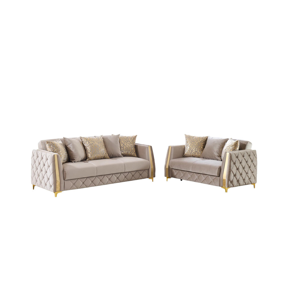2 pc Lippa Taupe fabric upholstered tufted arms gold trim accents sofa and love seat set with sleeper and storage