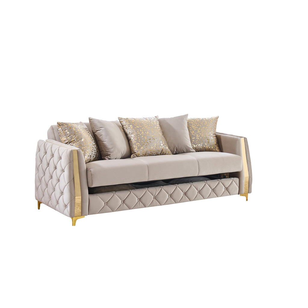 2 pc Lippa Taupe fabric upholstered tufted arms gold trim accents sofa and love seat set with sleeper and storage