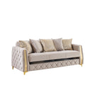 2 pc Lippa Taupe fabric upholstered tufted arms gold trim accents sofa and love seat set with sleeper and storage