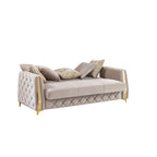 2 pc Lippa Taupe fabric upholstered tufted arms gold trim accents sofa and love seat set with sleeper and storage