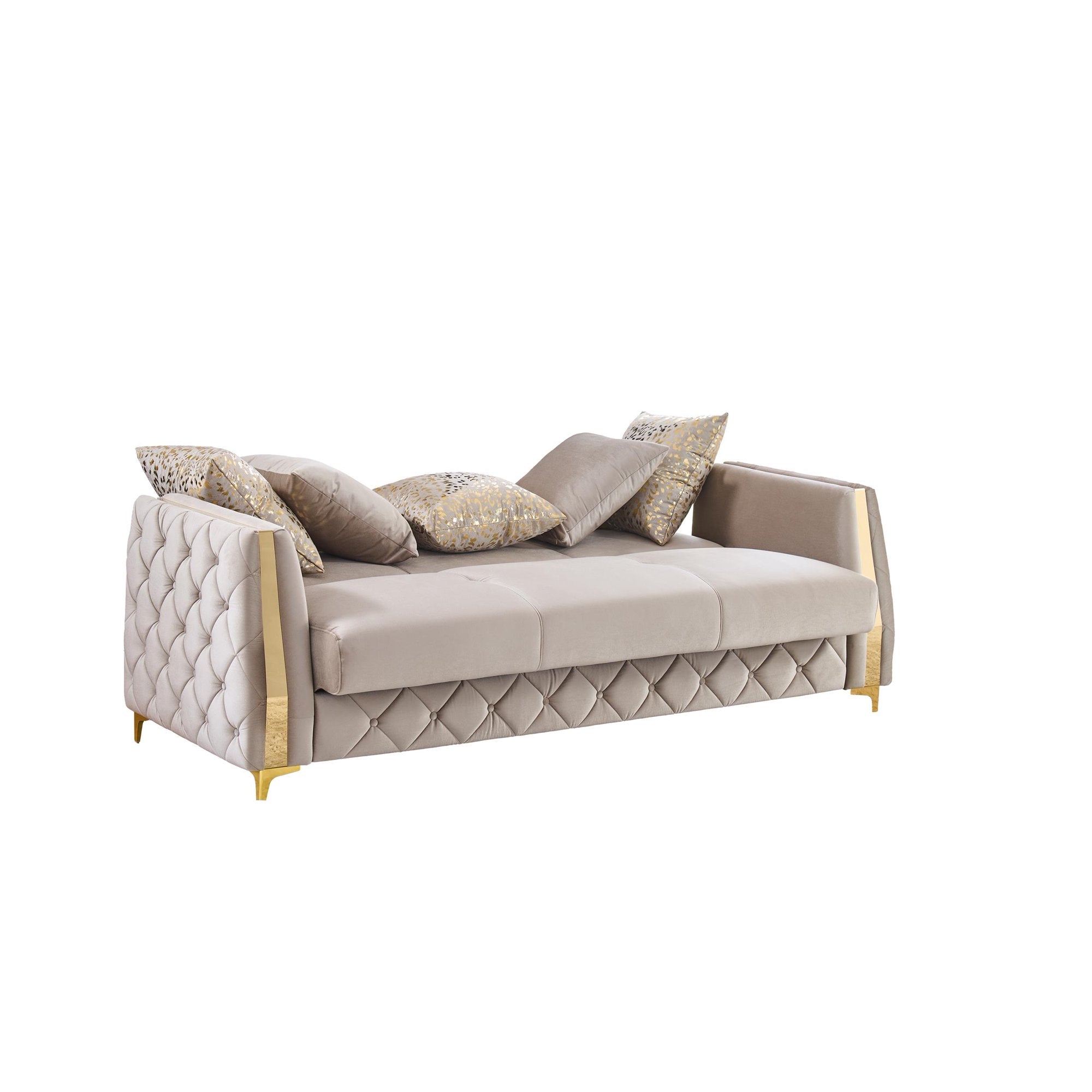 2 pc Lippa Taupe fabric upholstered tufted arms gold trim accents sofa and love seat set with sleeper and storage