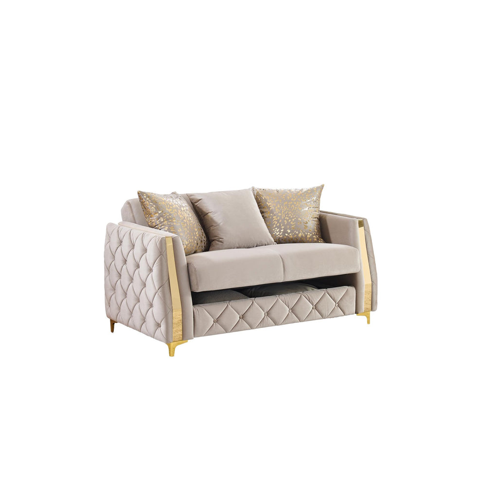 2 pc Lippa Taupe fabric upholstered tufted arms gold trim accents sofa and love seat set with sleeper and storage