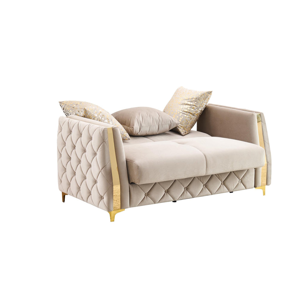 2 pc Lippa Taupe fabric upholstered tufted arms gold trim accents sofa and love seat set with sleeper and storage