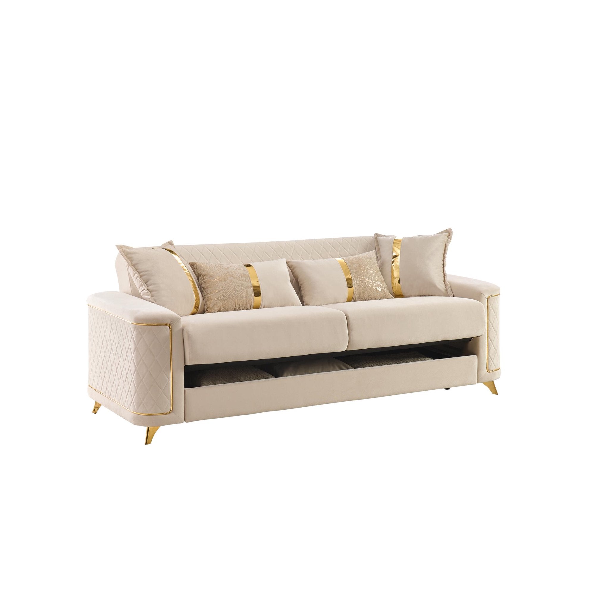 2 pc Lisa beige diamond pattern fabric upholstered rounded arms gold trim accents sofa and love seat set with sleeper and storage
