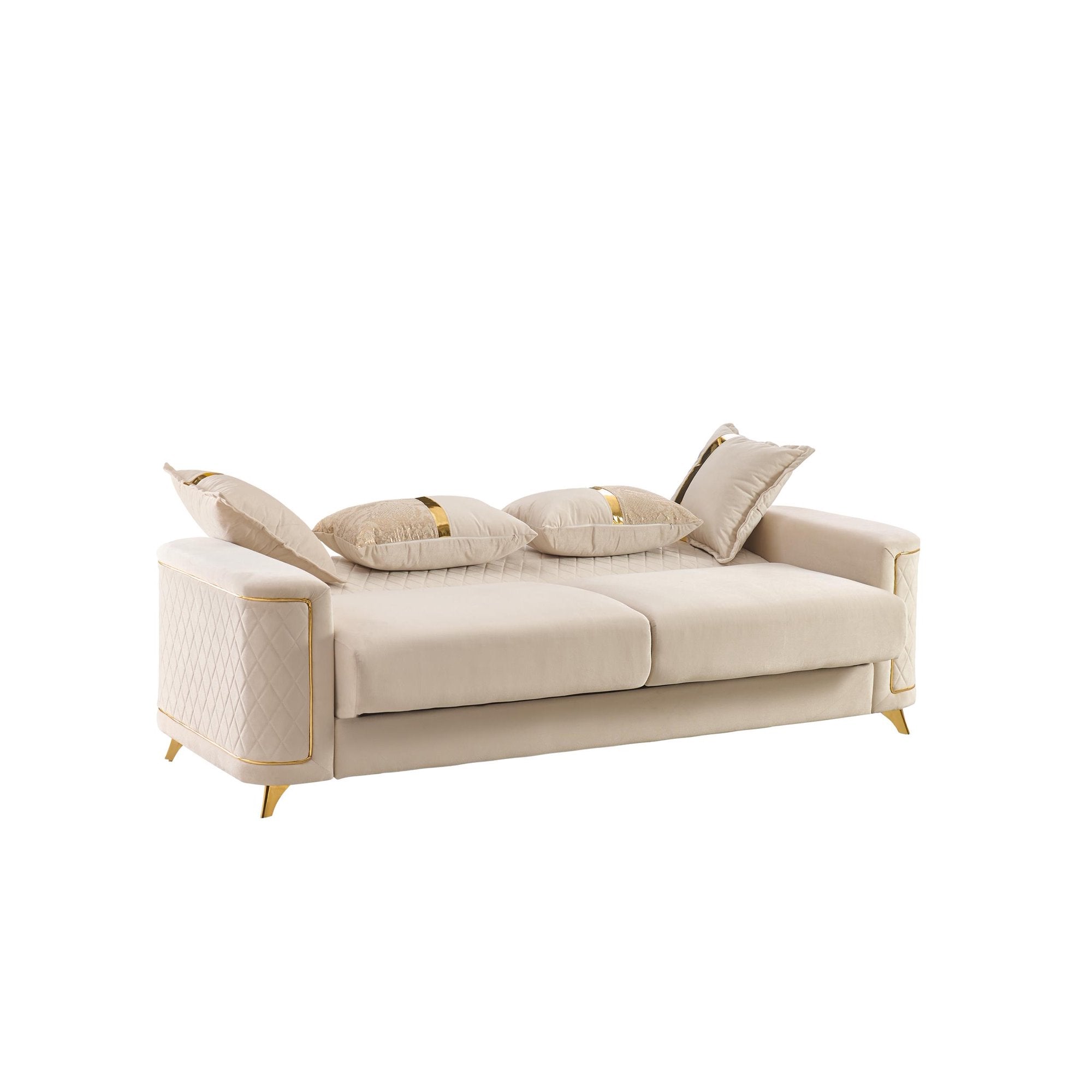 2 pc Lisa beige diamond pattern fabric upholstered rounded arms gold trim accents sofa and love seat set with sleeper and storage
