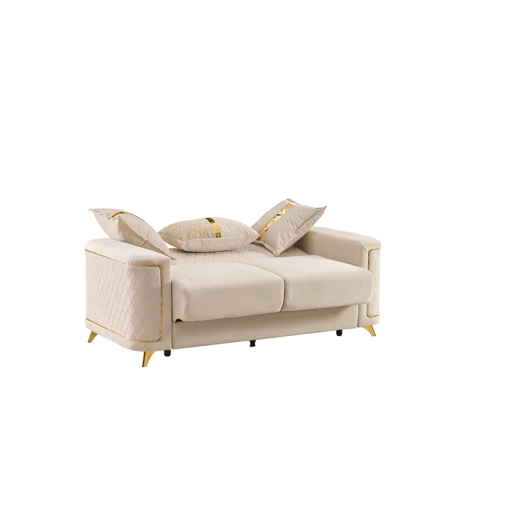 2 pc Lisa beige diamond pattern fabric upholstered rounded arms gold trim accents sofa and love seat set with sleeper and storage