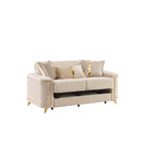 2 pc Lisa beige diamond pattern fabric upholstered rounded arms gold trim accents sofa and love seat set with sleeper and storage