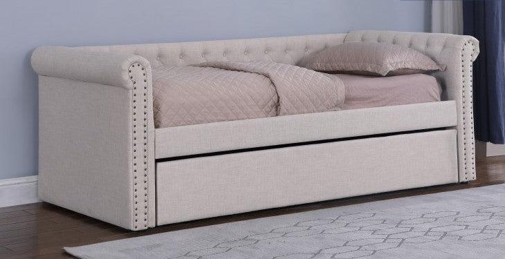 LT002-BG Canora grey hendrum beige linen like fabric twin day bed with trundle