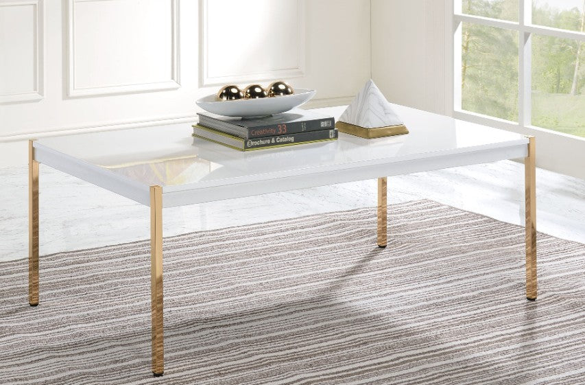 Acme LV00034 Everly quinn otrac gold metal high gloss white top coffee table