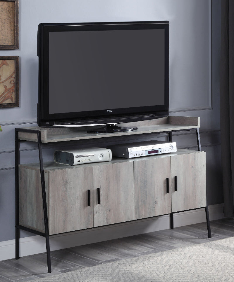 Acme LV00151 17 stories samiya mid century retro modern grey oak driftwood multi tone finish wood tv stand black metal frame