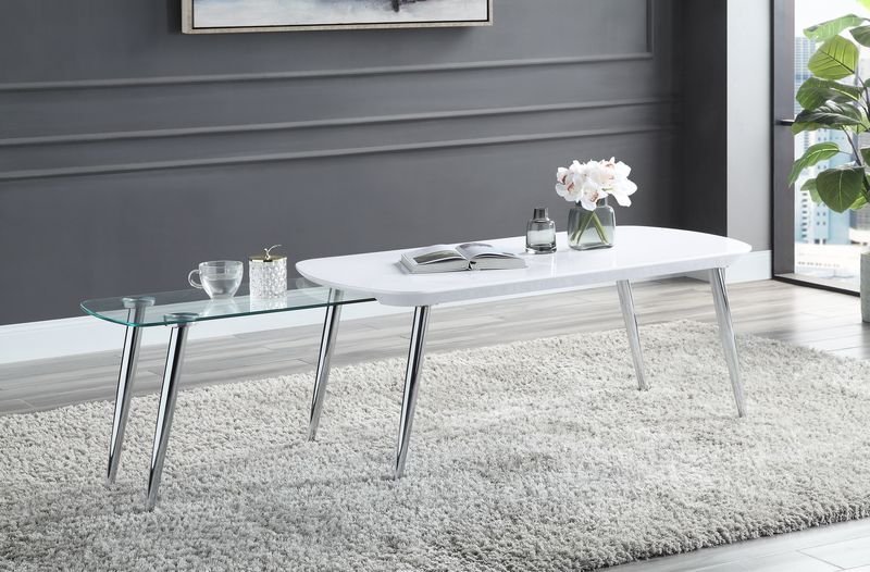 Acme LV00363 Everly quinn patina silver metal legs high gloss white top and clear glass slide out coffee table