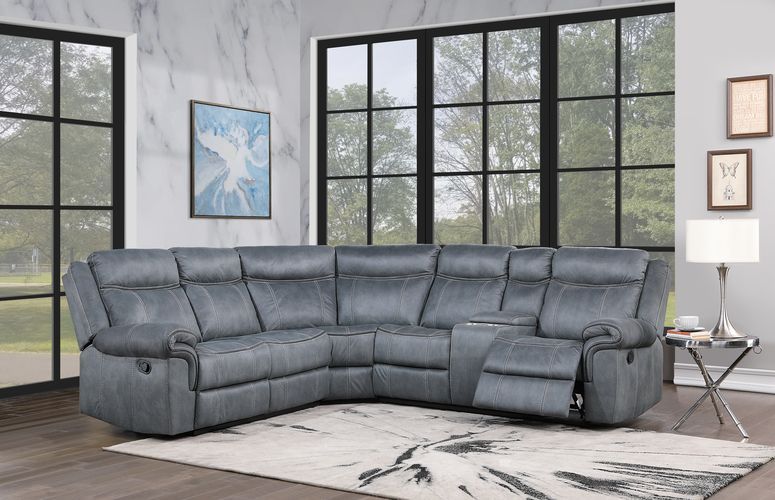 Acme LV00398 3 pc Red barrel studio dollum 2 tone grey velvet fabric sectional sofa with recliners and drink console
