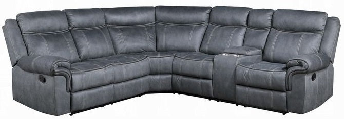 Acme LV00398 3 pc Red barrel studio dollum 2 tone grey velvet fabric sectional sofa with recliners and drink console