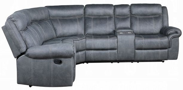 Acme LV00398 3 pc Red barrel studio dollum 2 tone grey velvet fabric sectional sofa with recliners and drink console