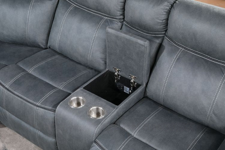 Acme LV00398 3 pc Red barrel studio dollum 2 tone grey velvet fabric sectional sofa with recliners and drink console