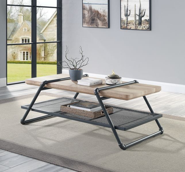 Acme LV00430 Latitude run brantley oak and sandy gray finish industrial modern coffee table with lower shelf