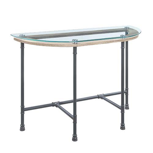 Acme LV00437 Everly quinn Brantley industrial sandy grey finish metal clear half circle glass top sofa entry hall console table