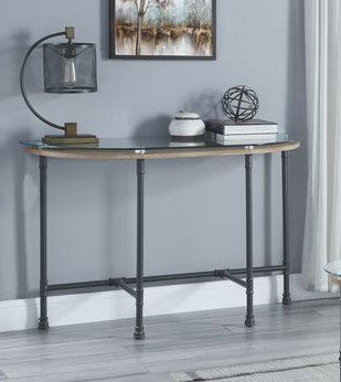 Acme LV00437 Everly quinn Brantley industrial sandy grey finish metal clear half circle glass top sofa entry hall console table